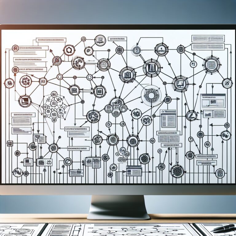 Illustratie van een effectieve content cluster strategie, met verbonden onderwerpen en subonderwerpen als een netwerk.