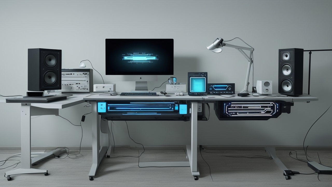Voice cloning technology microphone setup for speech synthesis, AI innovation in replicating human voices, digital audio recording.
