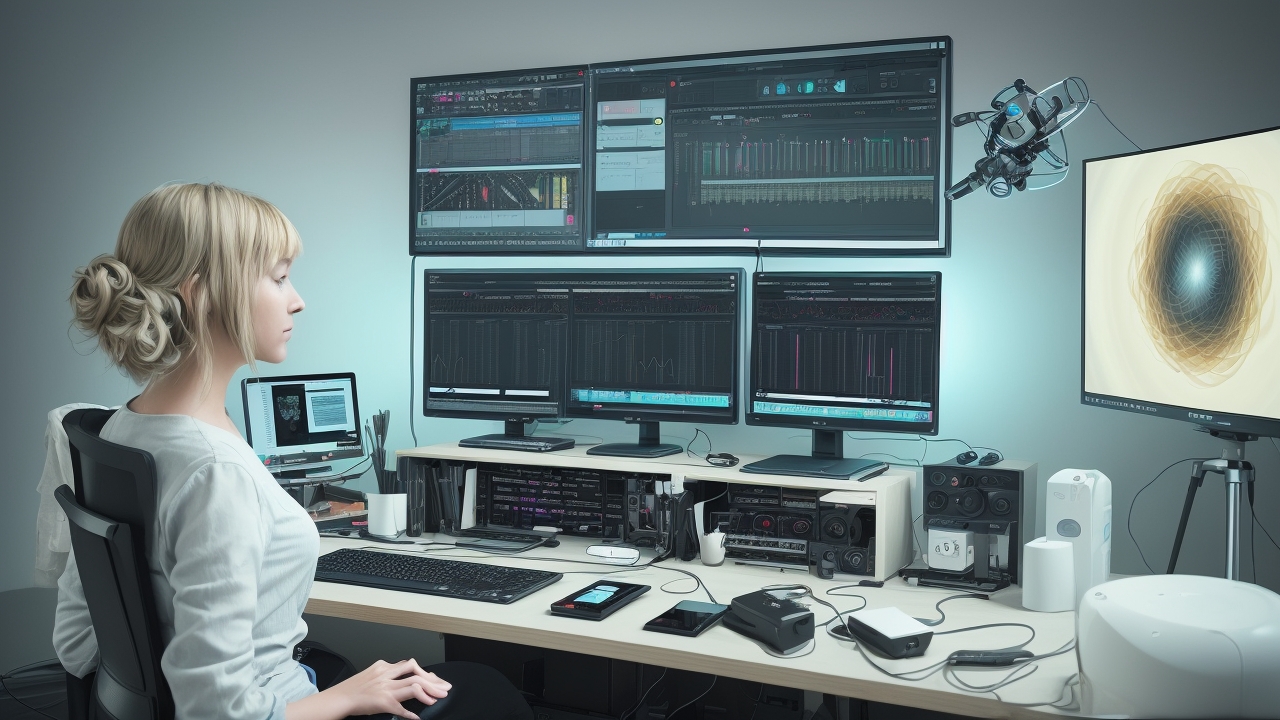 Voice cloning technology concept with digital sound waves and AI interface displayed on a futuristic blue background