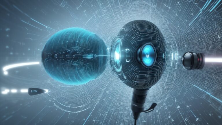 Image depicting advanced voice cloning technology interface with diverse sound wave patterns and AI figures in the background.