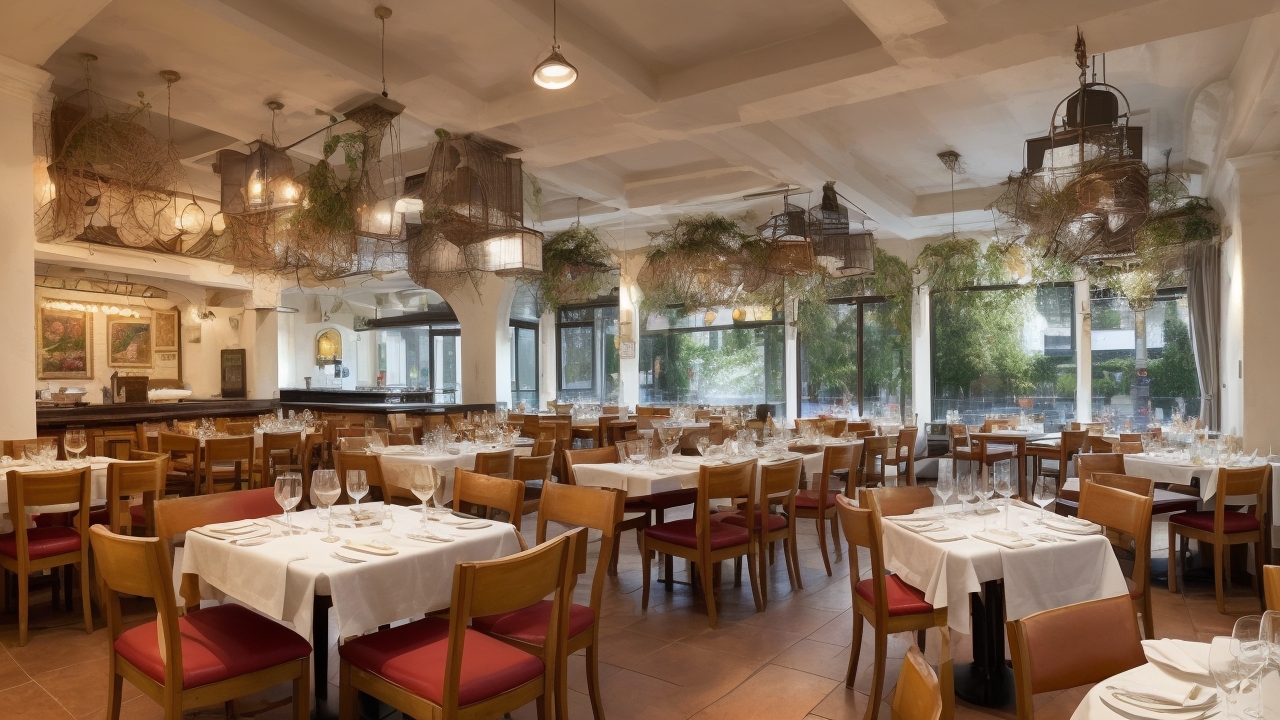 Busser en español: A young staff member skillfully setting a dining table in a bustling restaurant, focusing on service and detail.