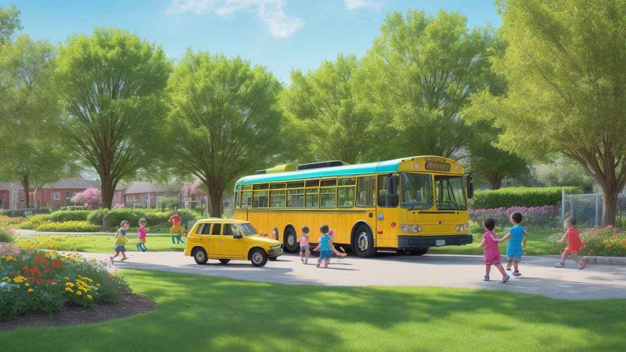Buster the Bus explores vibrant landscapes, with excited kids onboard, eager for thrilling adventures and fun discoveries.