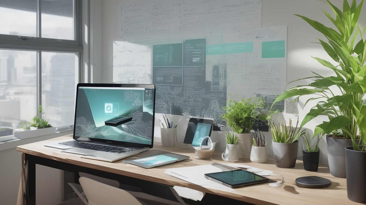 Smiling person at desk using a laptop with social media icons, showcasing a comment generator Instagram tool.