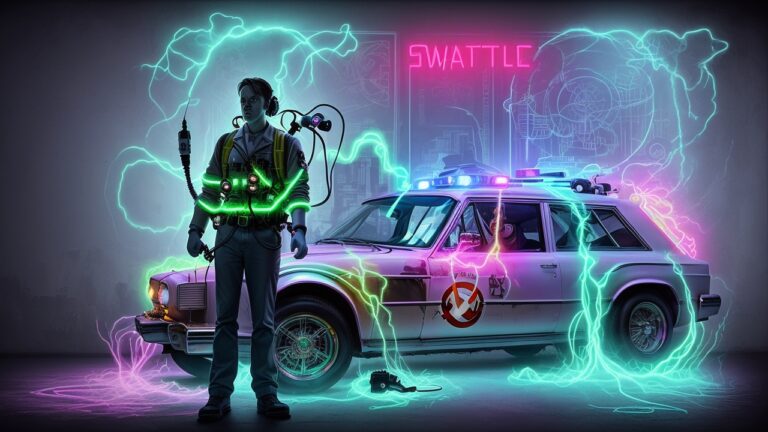 Colorful Ghostbusters poster with iconic logo, showcasing ghost hunters ready for action against paranormal creatures.