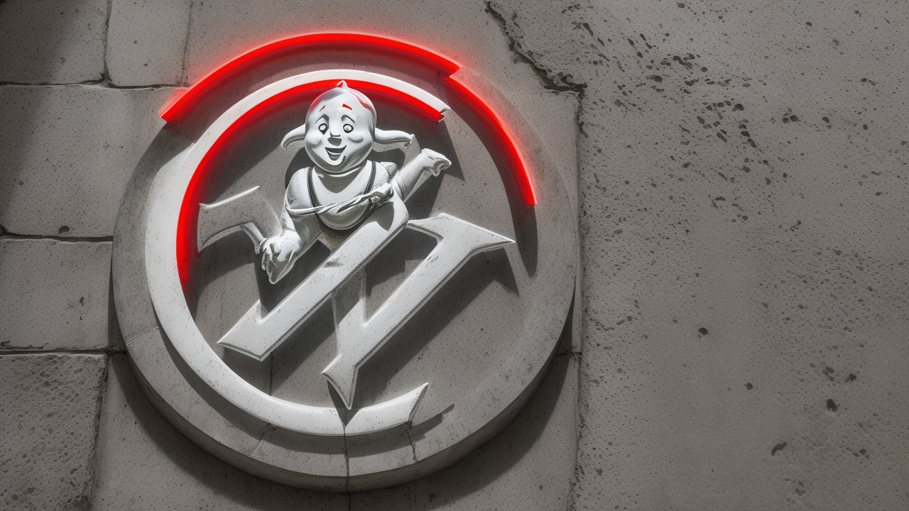 Ghostbusters sign: iconic logo featuring a red circle with a diagonal line, symbolizing ghost prevention and adventure.